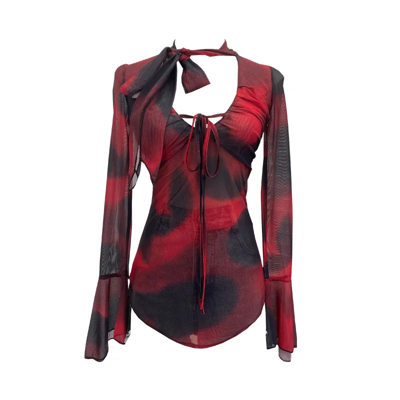 Nigikala Nigikala Hollow Tying With Low-Necked Bow Ribbon Dizzy Red Elastic Mesh T-Shirt Top 8036