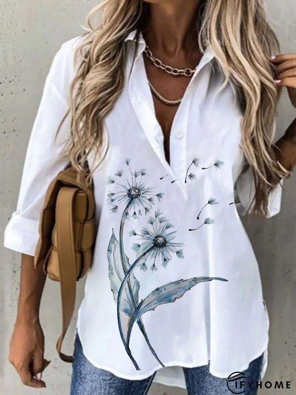 Casual Dandelion Long Sleeve Shirt Collar Printed Top | IFYHOME