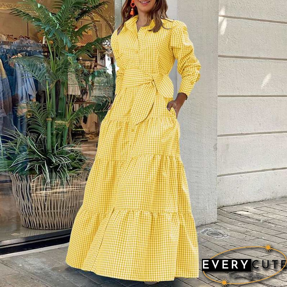 Shirt Dress Women Long Sleeve Party Dresses Casual Lapel Button Vintage Belted Pockets Sundress Plaid Printed Robes