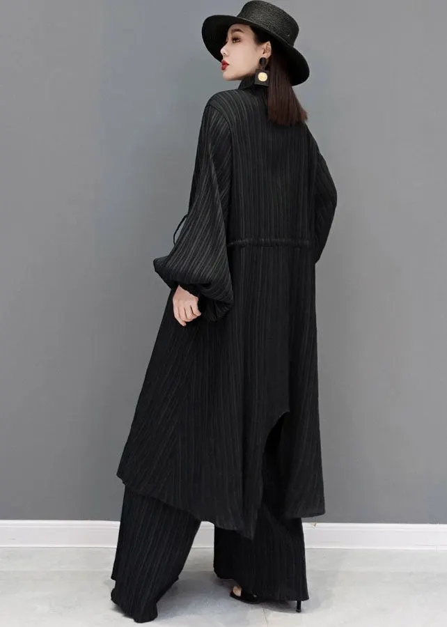 BlackDrawstringAsymmetricalCottonLongShirtAndWideLegPantsTwoPiecesSetSpring