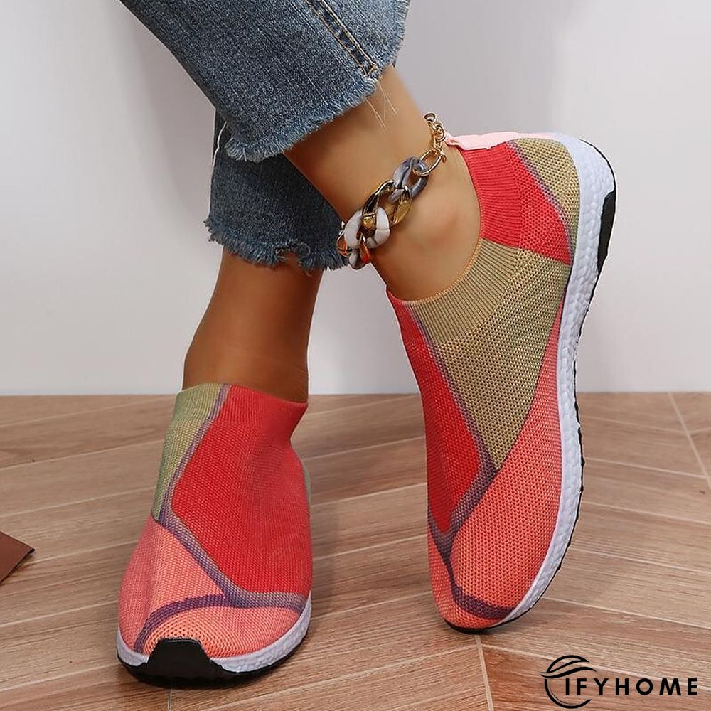 Women's Slip-Ons Flyknit Shoes Daily Summer Flat Heel Round Toe Casual Tissage Volant Loafer Color Block Red Purple Green | IFYHOME