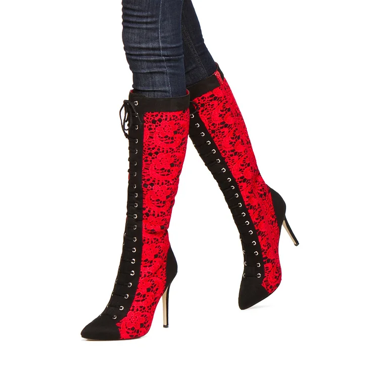 Red Lace Peep Toe Stiletto Mid-calf Boots Vdcoo