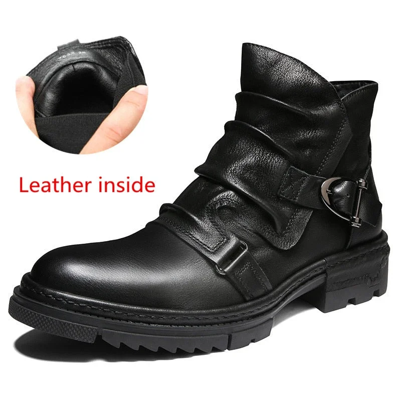 Retro Wrinkle 100% Genuine Leather Mens Chelsea Boots Original Designer Waterproof Ankle Boots Monk Strap Men Shoes Oxfords