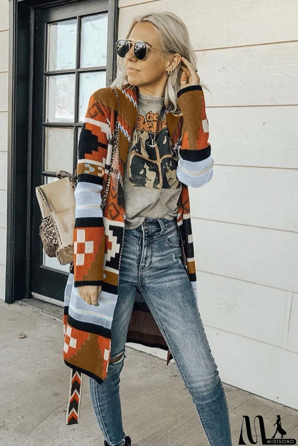 MidiSono - Multicolor Ethnic Style Knee Length Open Front Cardigan