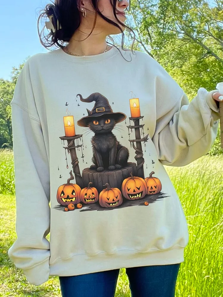 Women's Halloween Black Cat Print Sweatshirt