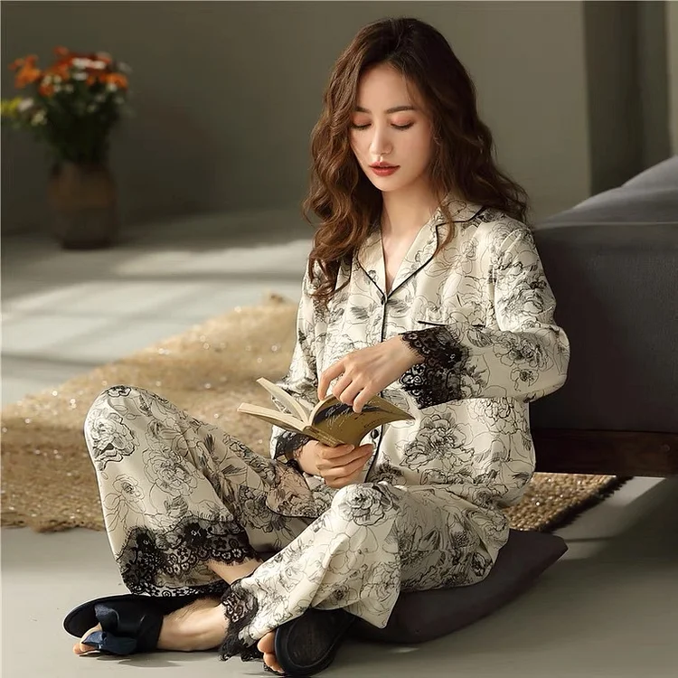 Women's New trends Ice Silk Lace Edge Pajamas Home Clothing Suits