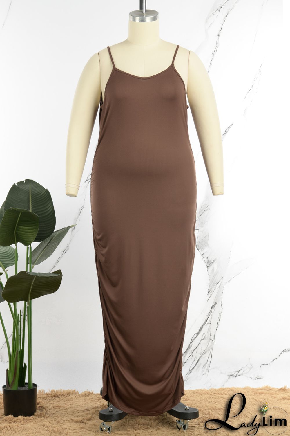 Dark Brown Sexy Solid Patchwork Spaghetti Strap One Step Skirt Plus Size Dresses