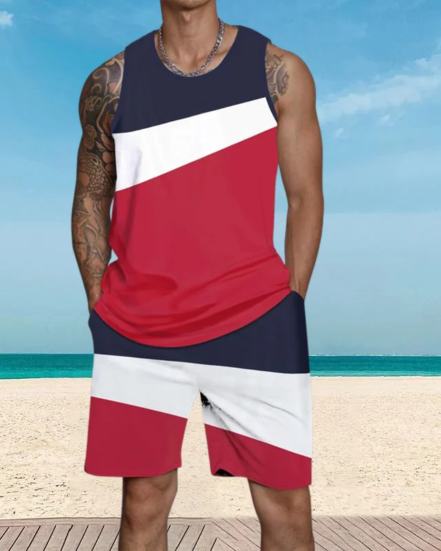 Men's casual vacation color block printed vest Set 046