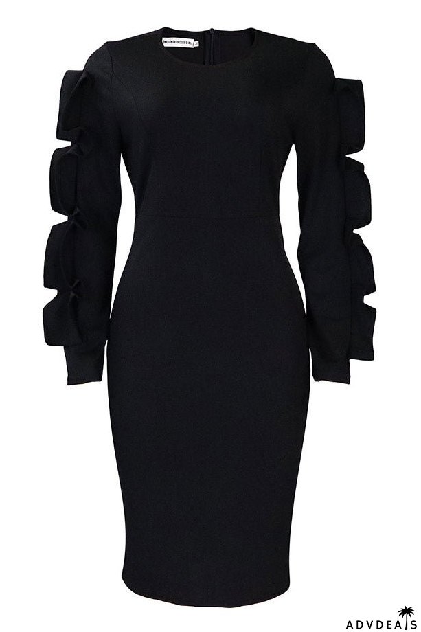 Knee Length Black Long Sleeve Bodycon Dress