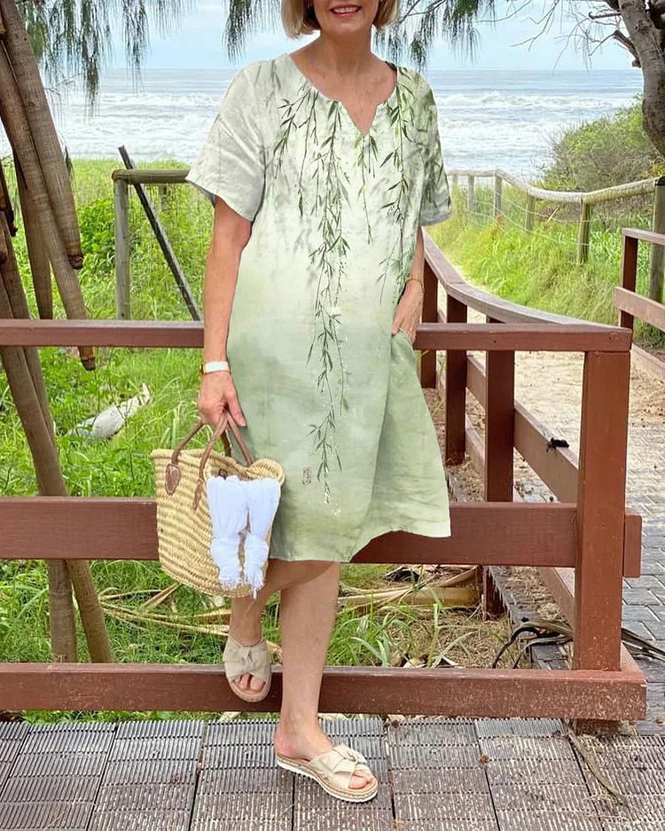 V Neck Willow Leaf Print Casual Knee Length Shift Dress