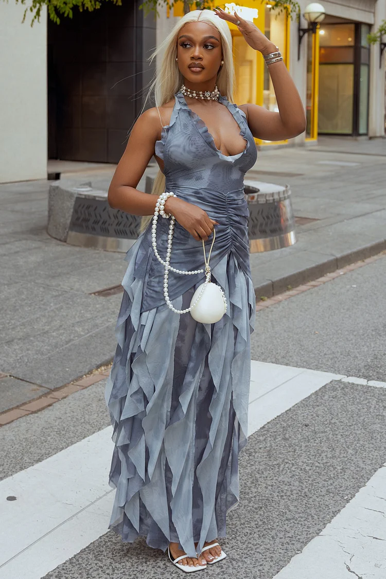 Halter Neck Ruched Print Ruffle Hem Party Maxi Dresses-Blue [Pre Order]