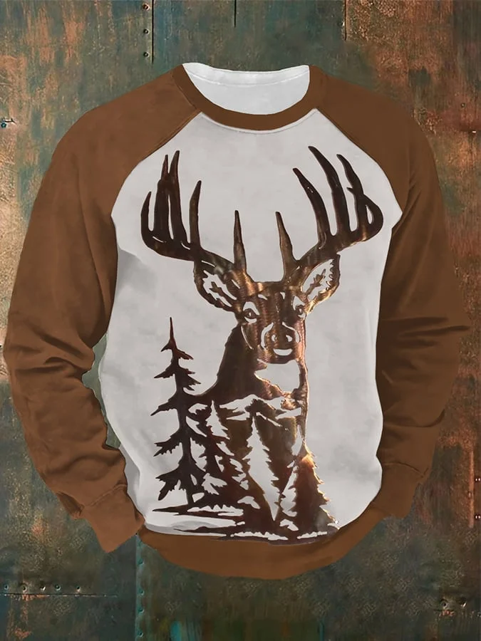 Men's Western Elk Print Raglan Crew Neck Sweatshirt