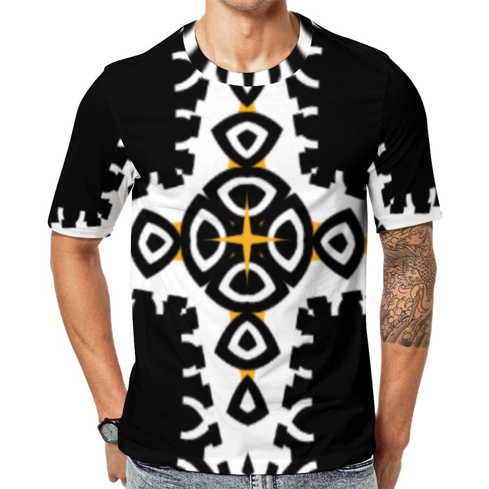 Tribal Geometric Black And Yellow Elegant Short Sleeve Print Unisex Tshirt Summer Casual Tees for Men and Women Coolcoshirts