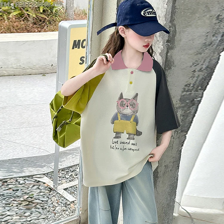 動物柄 ファッション プルオーバー 配色 キッズ 女の子 Tシャツ