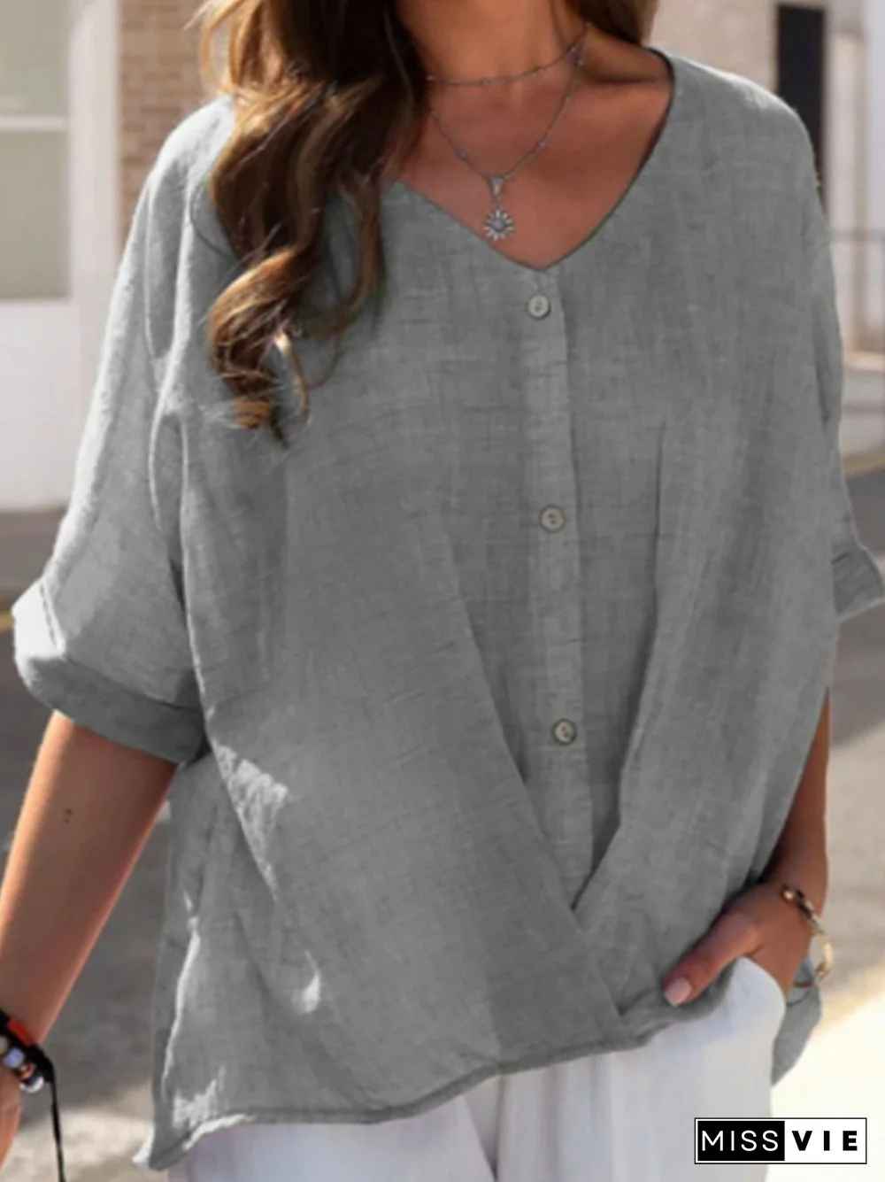 Retro Cotton Linen Simple Shirts Female Summer Fashion Solid V-Neck Short Sleeve Blouse Women Casual Commute Loose Blouses