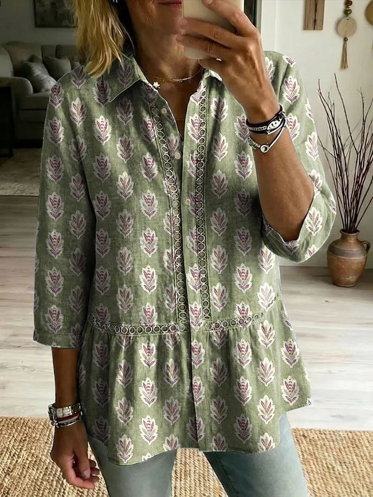 Floral Flowers Art Patterns Casual Patchwork Openwork Webbing Linen And Cotton Shirt