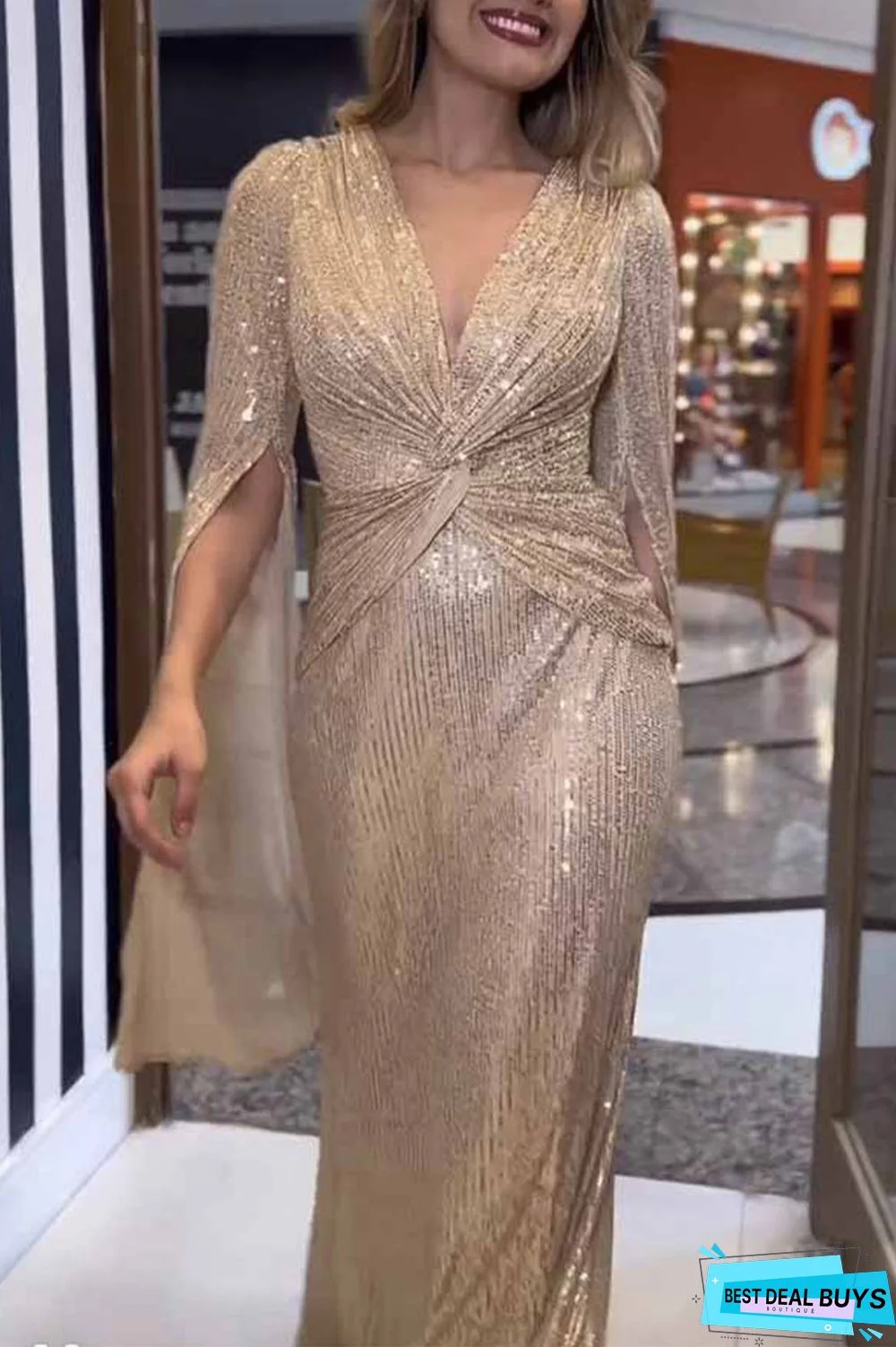 Sexy Formal Solid Sequins Fold V Neck A Line Dresses