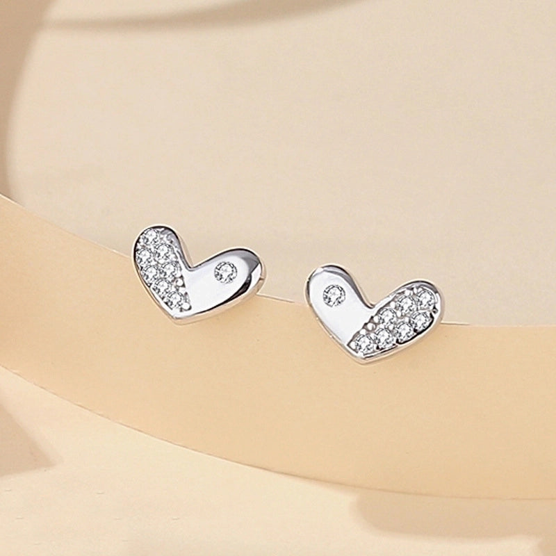 1 Pair Minimalist Heart Shape Flower Inlay Sterling Silver Zircon Ear Studs