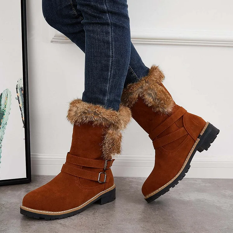 HUXM Warm Fur Mid Calf Snow Boots Block Heel Furry Winter Booties