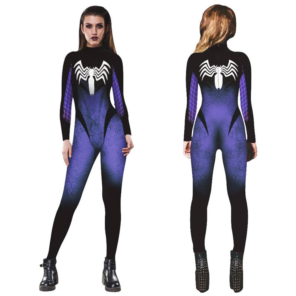 Halloween Purple Spider Printed Bodycon Jumpsuit Costume-Pajamasbuy
