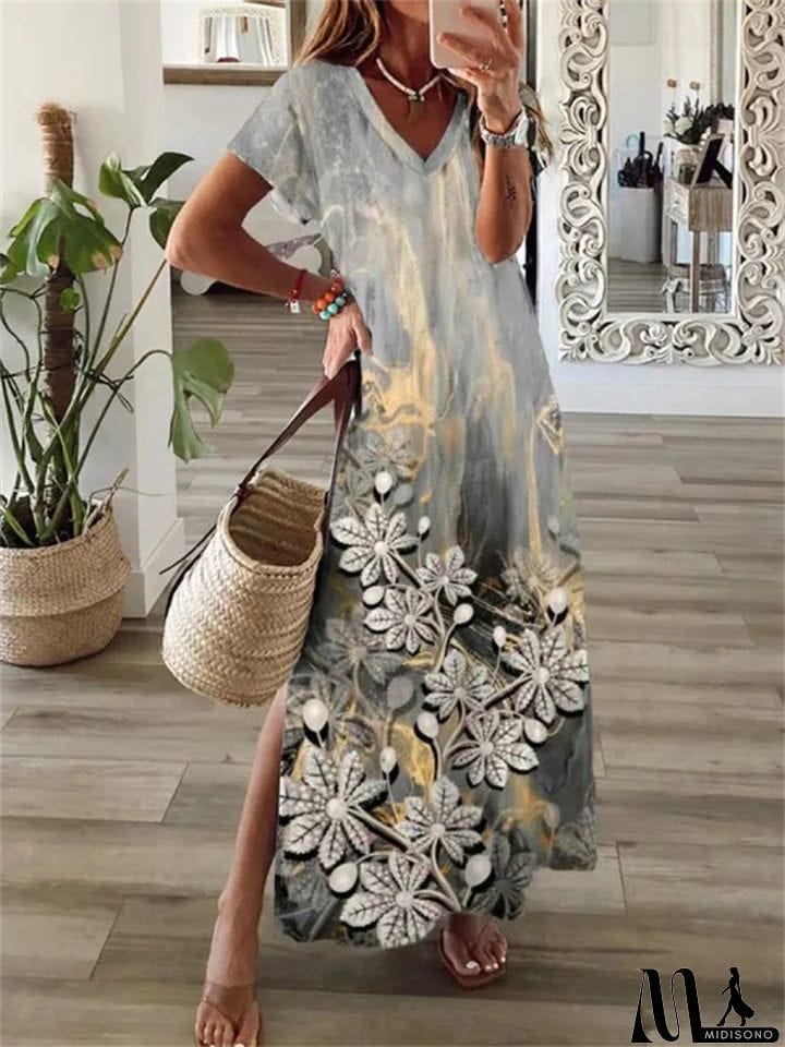 MidiSono - Vintage Leisure V Neck Short Sleeve Floral Print Midi Dress