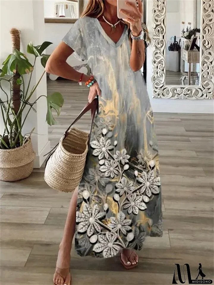 MidiSono - Vintage Leisure V Neck Short Sleeve Floral Print Midi Dress