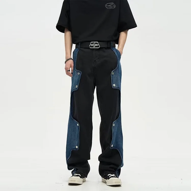 Y2K Irregular PatchWork Baggy Jeans Pants Straight Casual Denim Trousers at Hiphopee