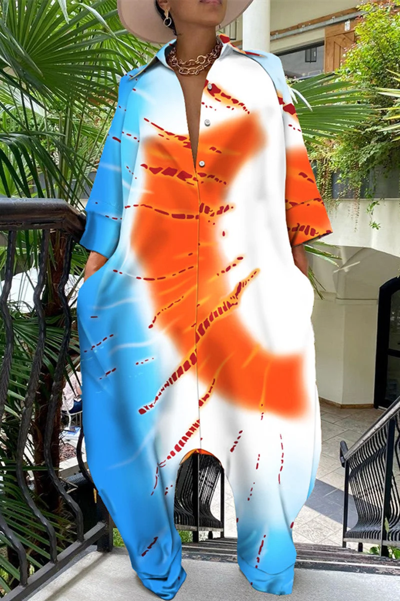 Fashion Casual Print Tie-dye Turndown Collar Loose Jumpsuits