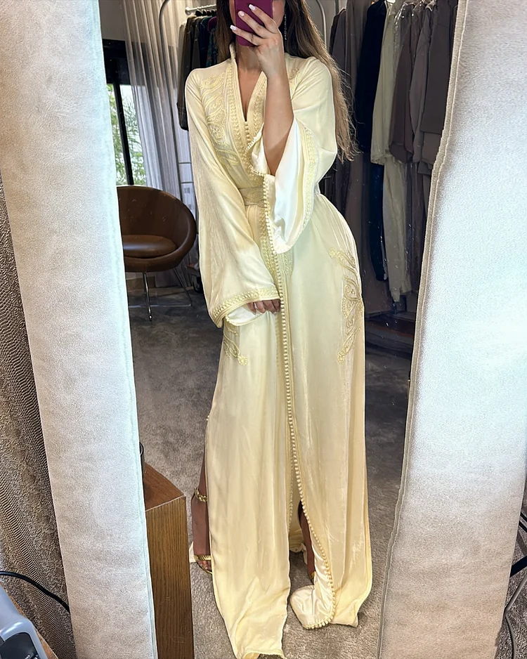 Women's V-neck slit embroidery Moroccan Dress
