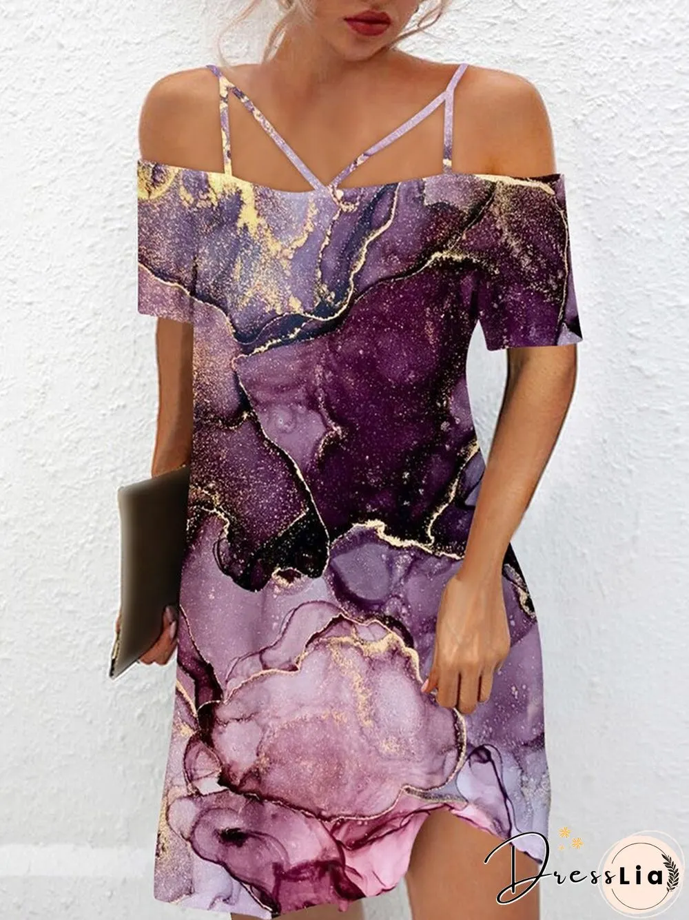 Vintage One-Line Neck Cross Strap Dress Women Summer Sexy Short Sleeve Backless Mini Dress Ladies Fashion Printed Loose Dresses