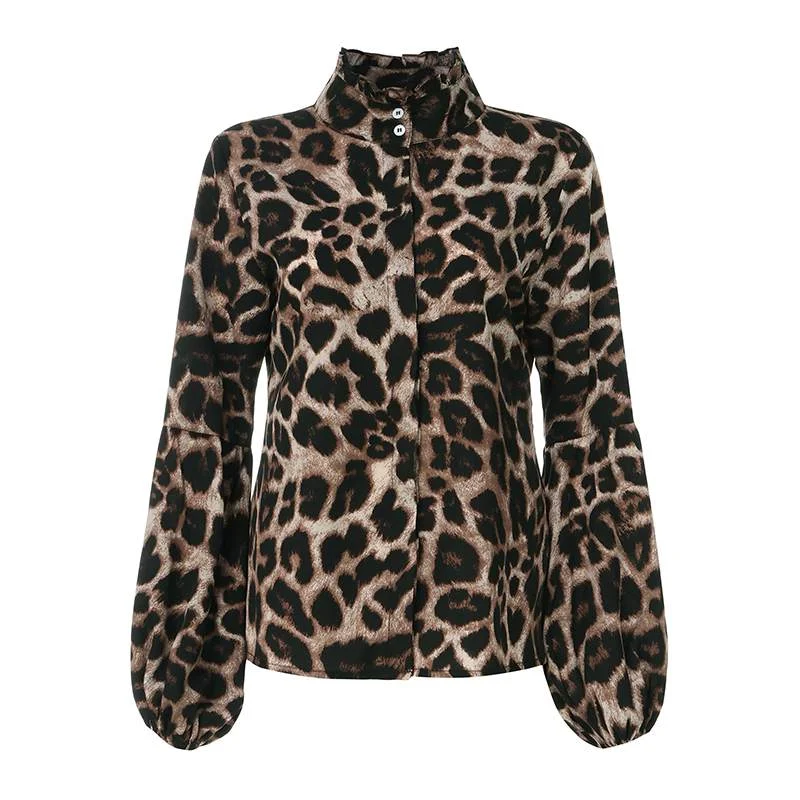 Celmia Women Leopard Print Tops 2022 Fashion Blouse Autumn Lantern Sleeve High Collar Casual Elegant Office Work Shirt Blusas