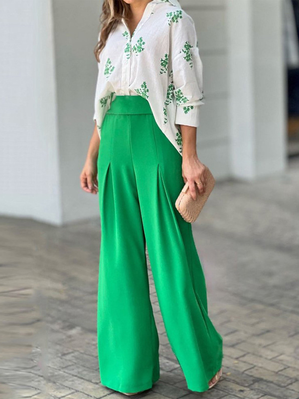 Women's Set 2 Piece Floral Casual Top and Wide Leg Pant