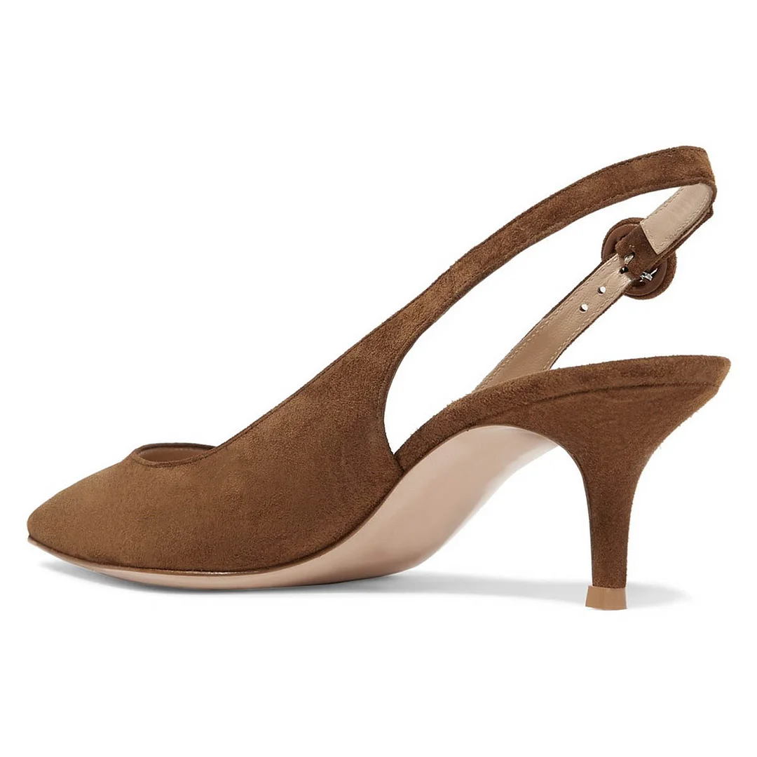 Brown Vegan Suede Pointed Toe Slingback Low Heel Pumps with Buckle