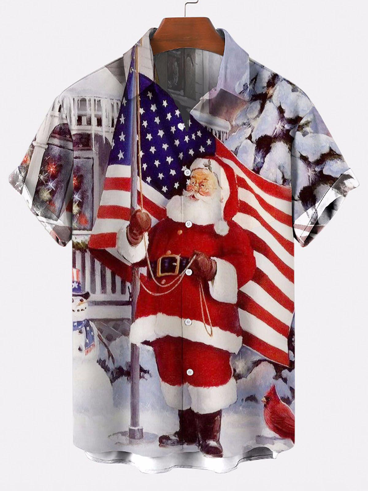 Men Christmas Santa Claus With Flag Print Pocket Front Short Sleeves Shirt PLUSCLOTHESMAN