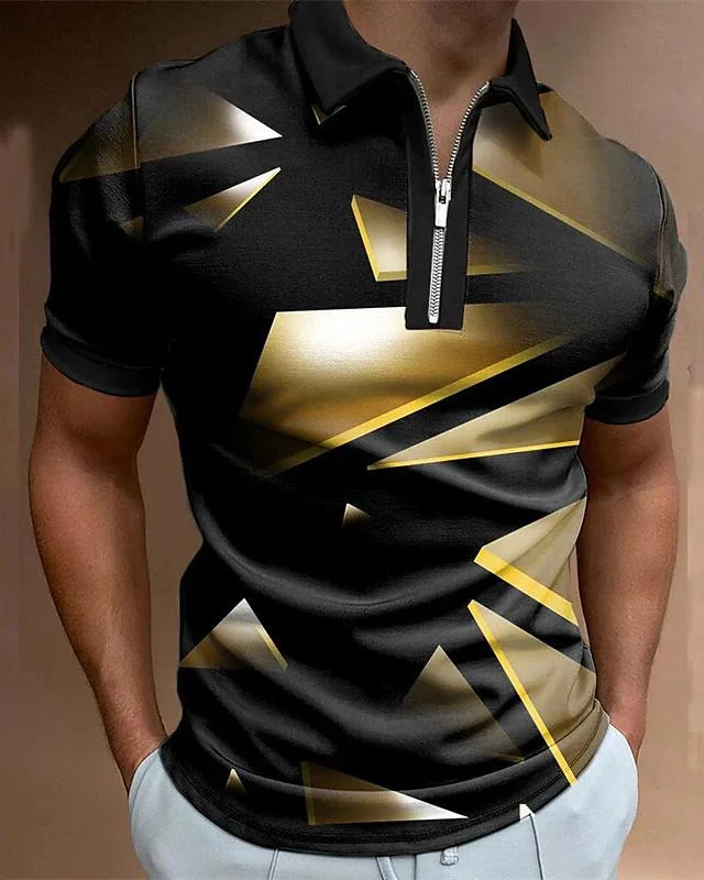 Men's Casual Dazzling Geometry Printed Short Sleeved Polo Shirt at Hiphopee