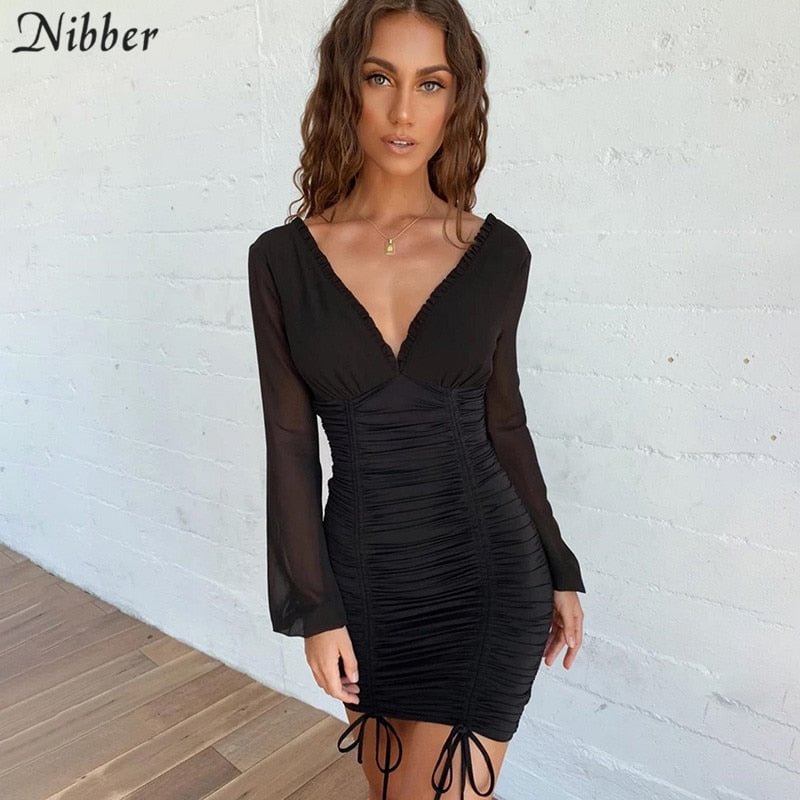 Nibber autumn sexy party night dresses women 2019 club see-through bodycon mini dress Basic black pink short Hip dresses mujer