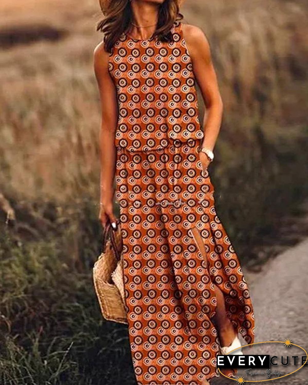 Print Sleeveless Round Neck Holiday Daily Fashion Maxi Dresses