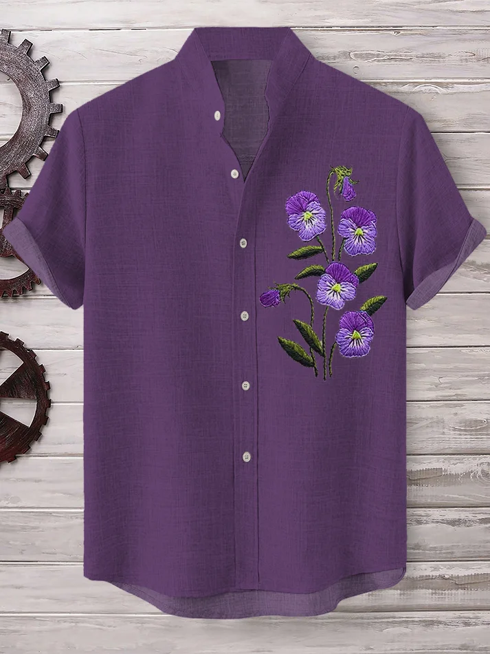 Men's Purple Flower Alzheimer's Awareness Support Print Casual Linen Blend Shirt