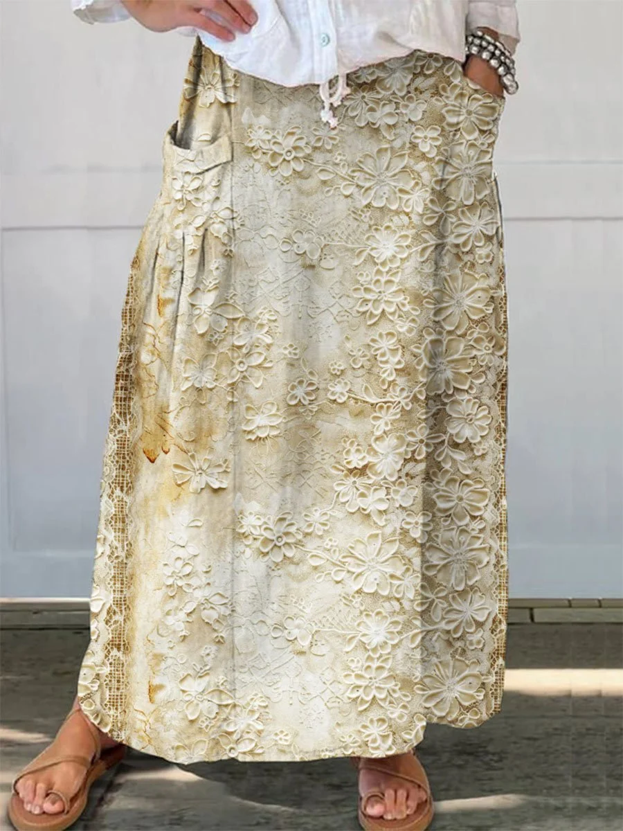 Women's  Vintage Lace Printed  Linen Pocket Skirt