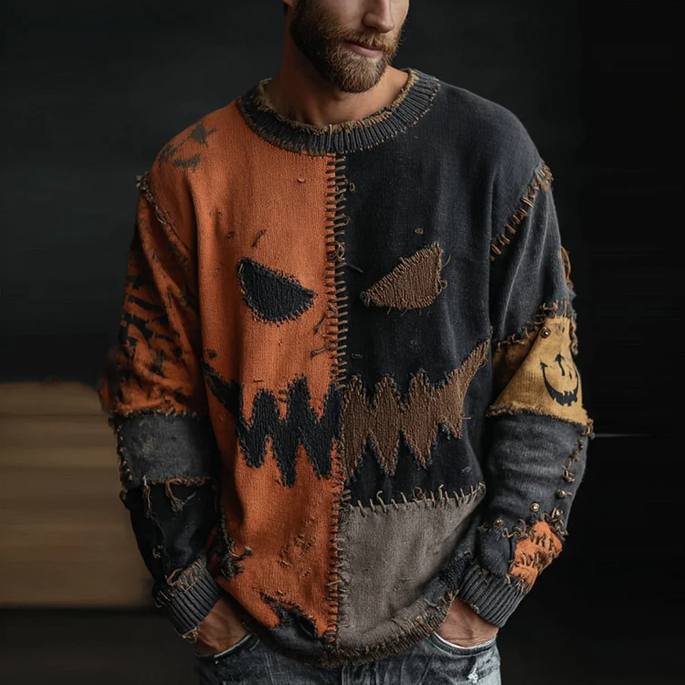 Men's Halloween Spooky Face Colorblock  Cozy  Top