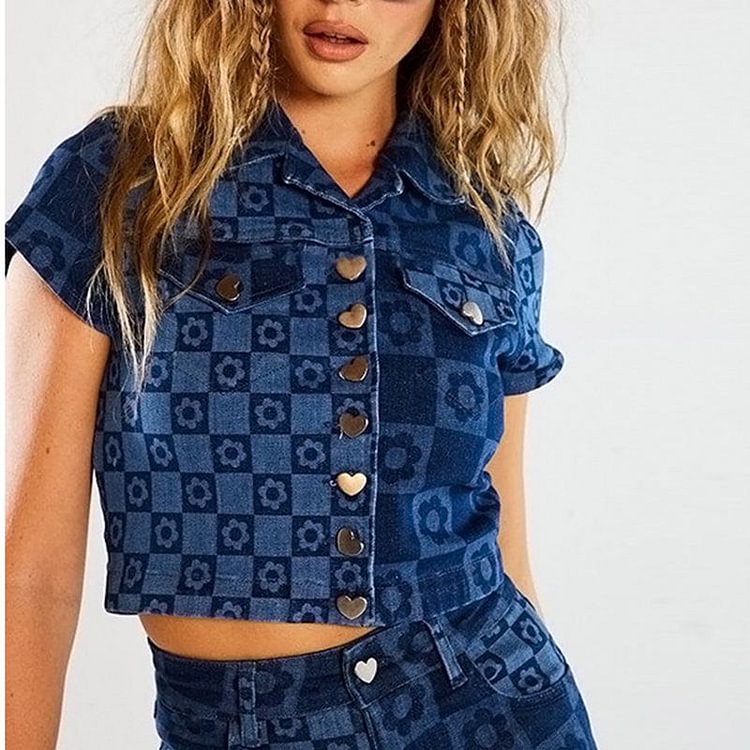 Flower Two Tone Color Prints Cropped Denim Jacket With Pants Co ord Set