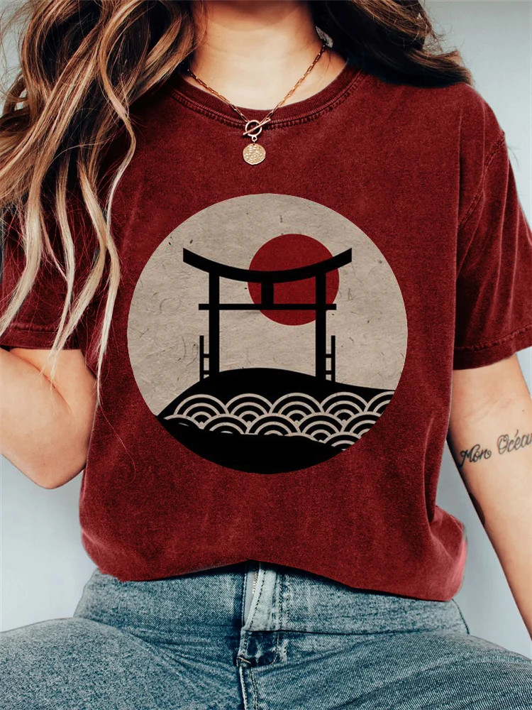 Japanese Shinto Shrine Sunrise Vintage Washed T Shirt