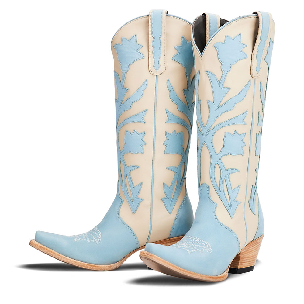Blue & Beige Snip Toe Chunky Heel Floral Inlay Knee-High Cowgirl Boots Nicepairs