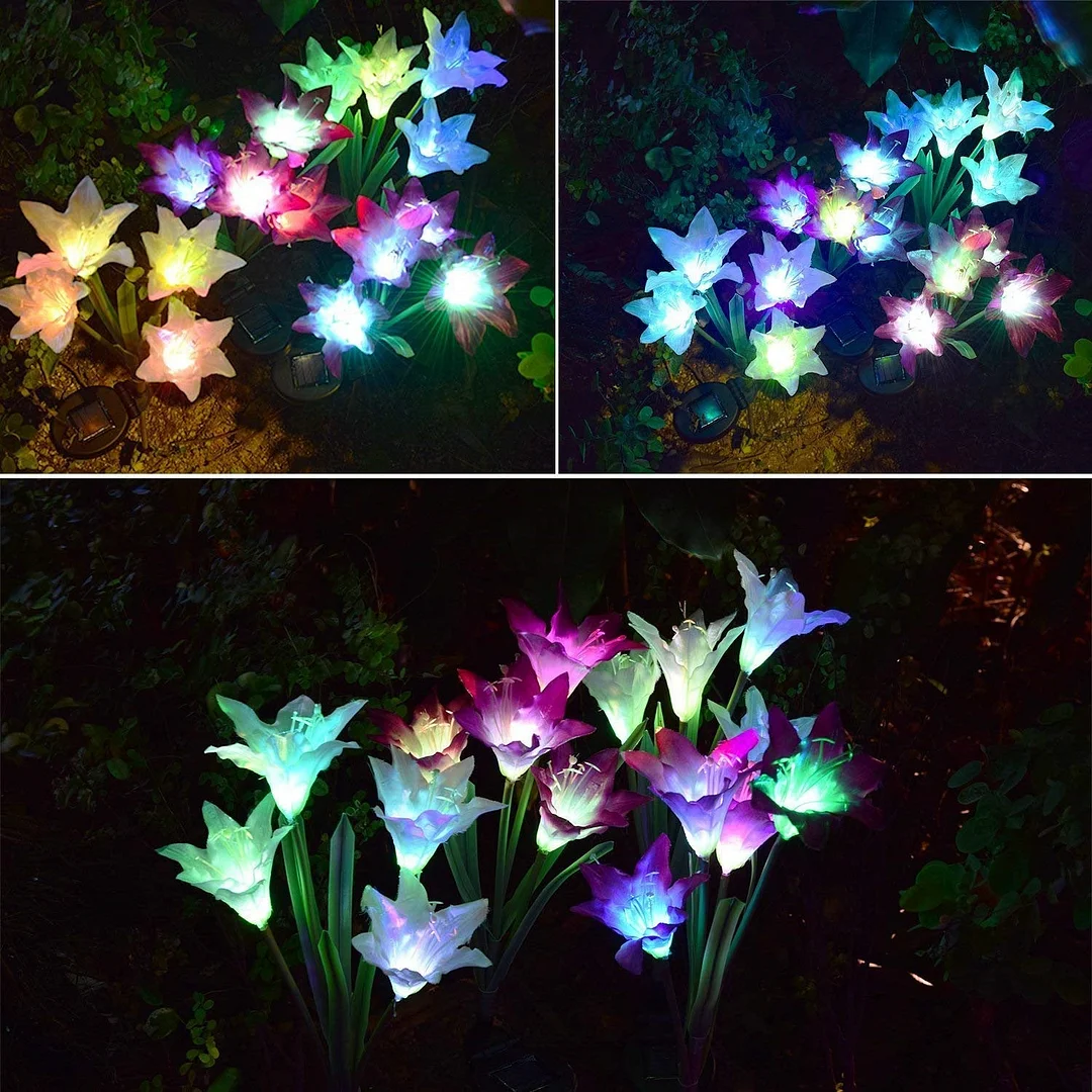 Outdoor Solar Garden Stake Lights, Mother's Day Birthday Gifts, 3 Pack Solar Powered Flower Lights with 12 Lily Flower for Patio Backyard