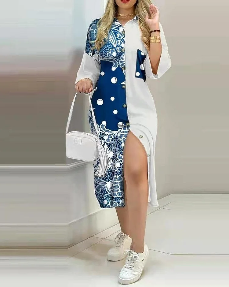 Printed Button Pocket Long-sleeved Shirt Dress-Mayoulove
