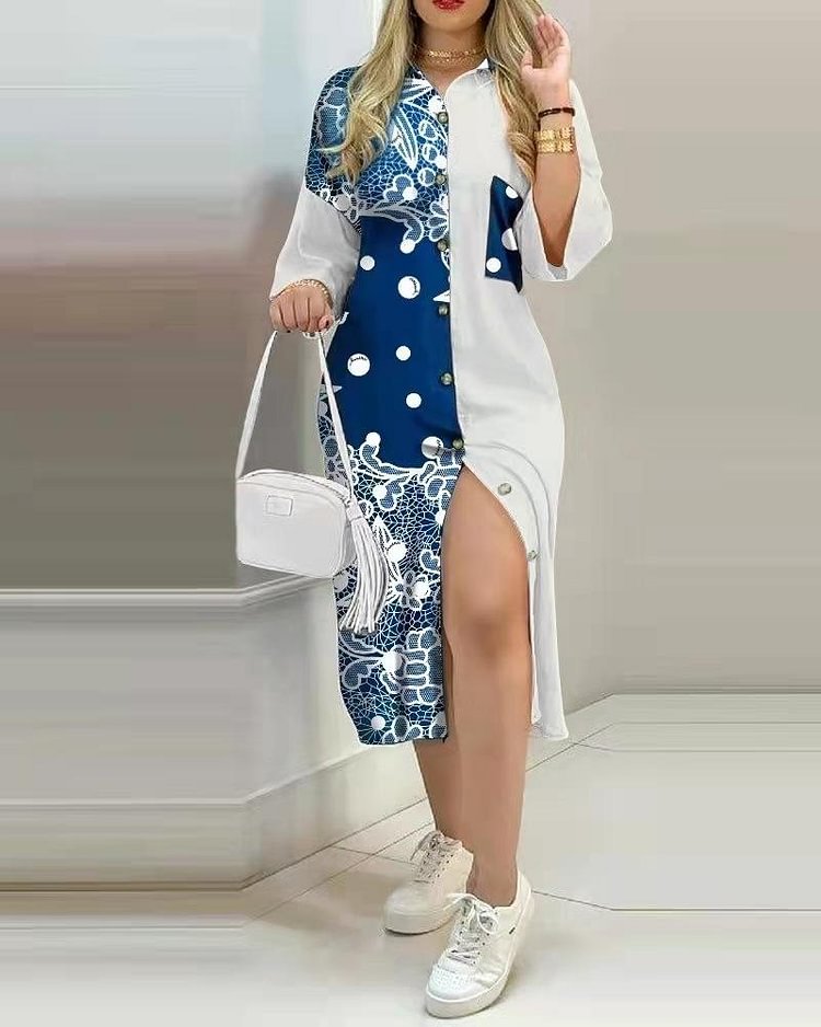 Printed Button Pocket Long-sleeved Shirt Dress-Mayoulove