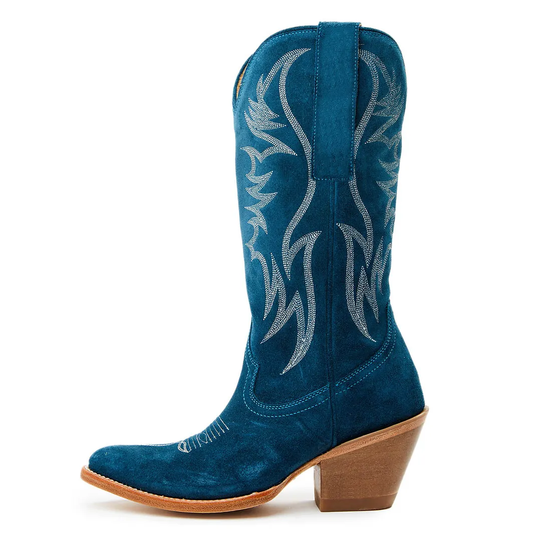Vegan Suede Chunky Heel Embroidered Wide Calf Cowgirl Boots in Teal