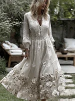 Women's Vintage Rose Floral Embroidery Art Casual Maxi Dress