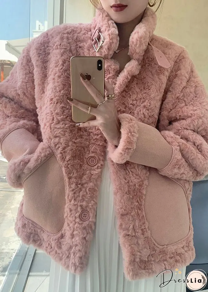 Women Pink Stand Collar Pockets Faux Fur Winter Coats