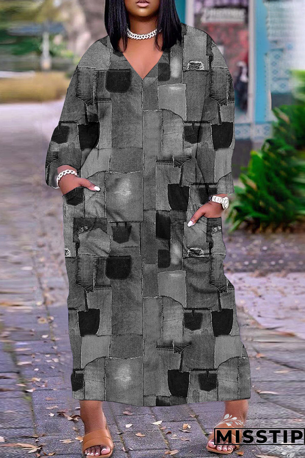 Blue Casual Print Patchwork V Neck Straight Dresses